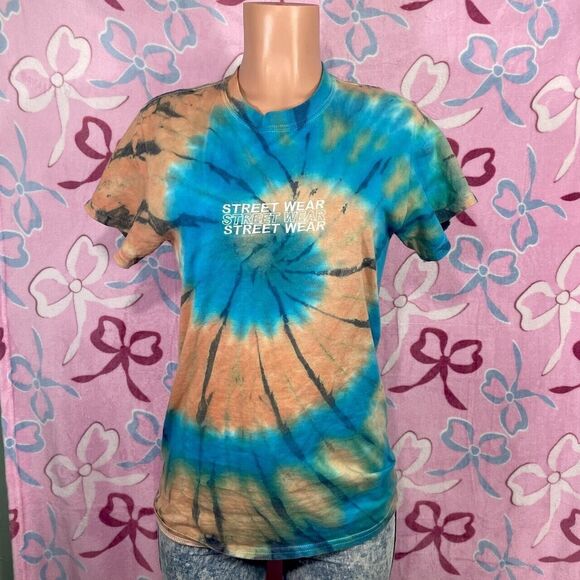 Gildan Streetwear Stitched Blue and brown tie dye graphic tshirt size small - Picture 1 of 5
